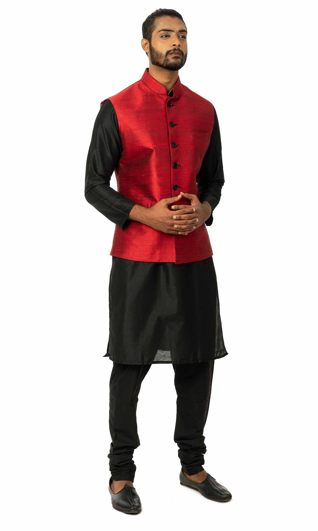Black Raw  Silk Kurta Set With Jacket - Viraaya By Ushnakmals