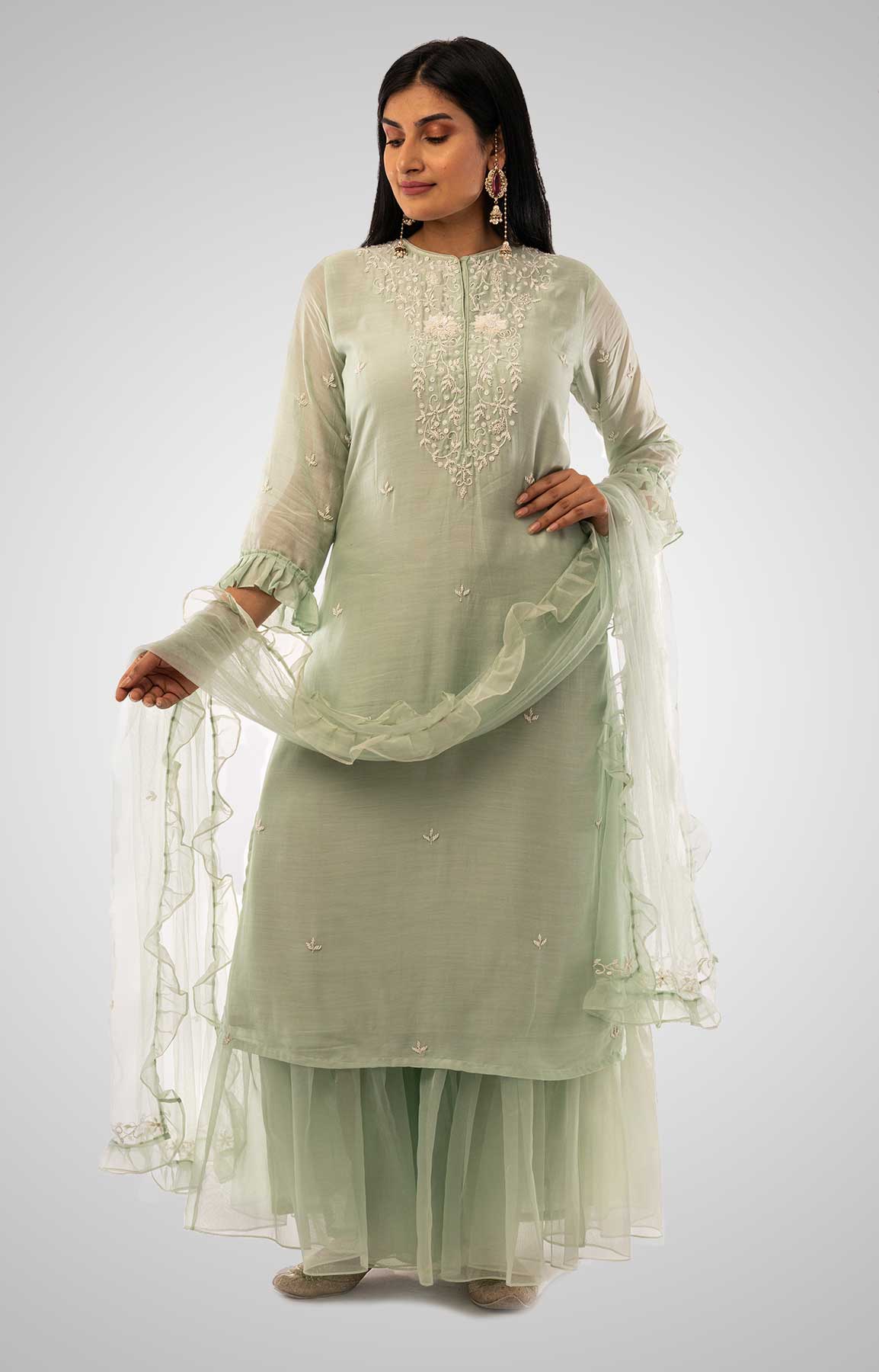 Seige Green Cotton Silk Suit With Organza Check Dupatta And Gharara – Viraaya By Ushnakmals