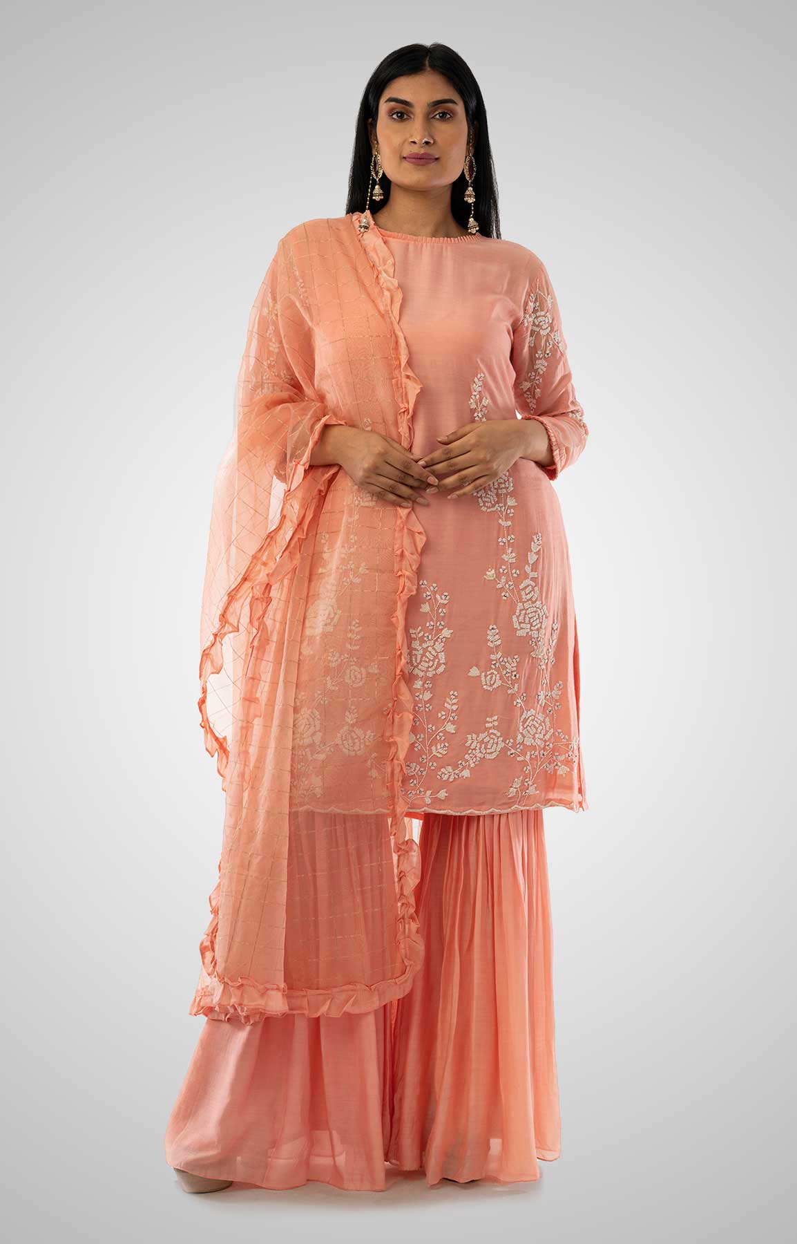 Peach Cotton Silk Suit With Organza Check Dupatta And Gharara – Viraaya By Ushnakmals