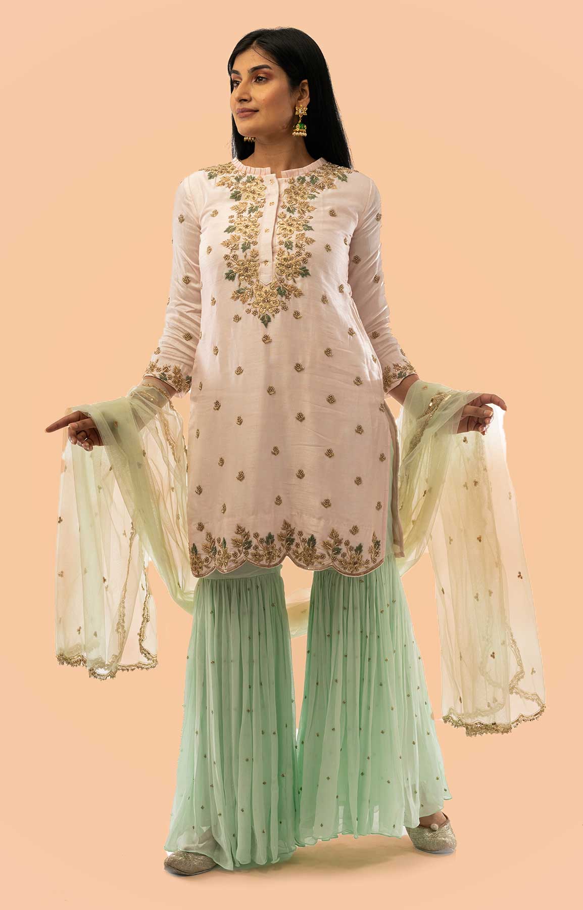 Baby Pink And Mint Green Gharara Suit In Raw Silk And Georgette Fabric – Viraaya By Ushnakmals